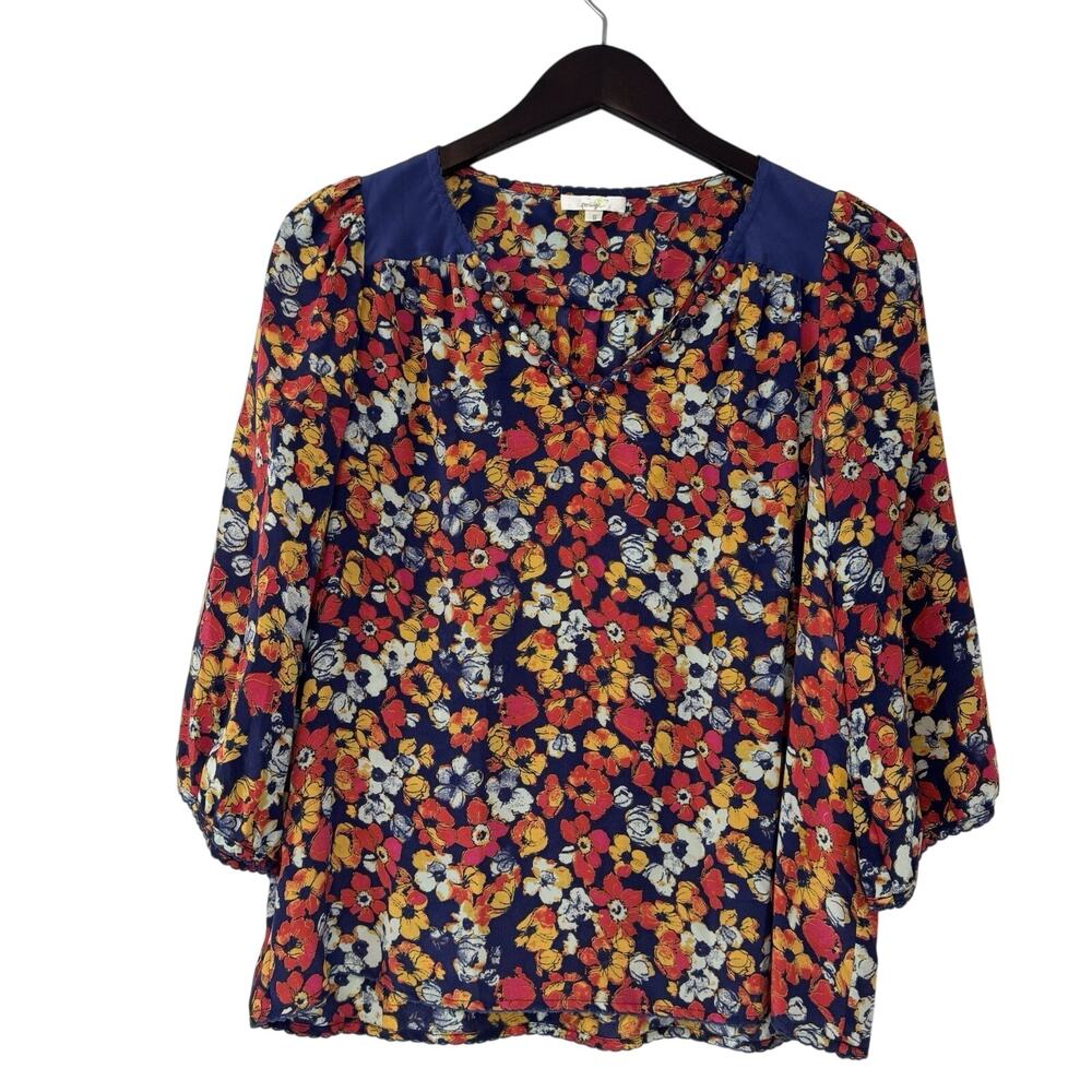 Anthropologie Porridge Womens Size Small Blue & Red Floral Print Silk Blouse Top